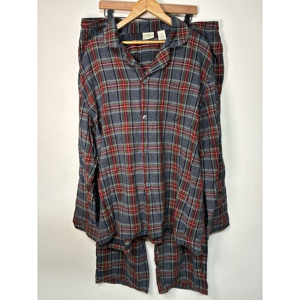LL Bean Scotch Plaid Flannel 2 Piece Pajama Set Cotton Mens 2XL Tall Gray Red